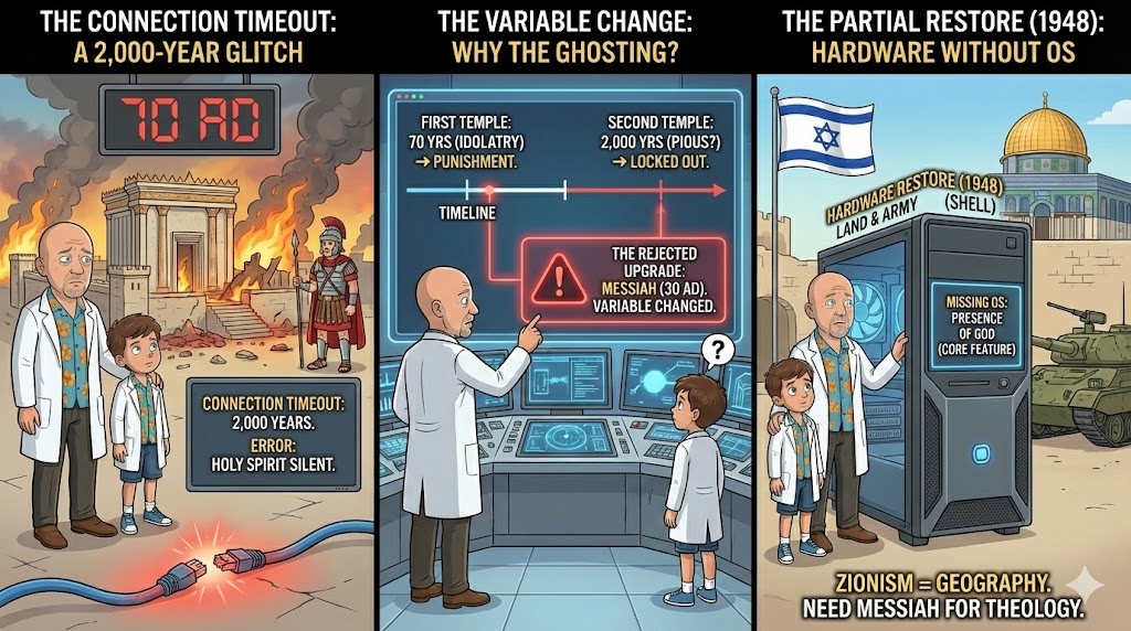 Conceptual visual: A network cable unplugged from a server port, symbolizing spiritual disconnection and the prolonged 'Connection Timeout' of the Jewish people after the destruction of the Temple